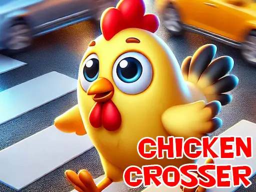 Galinha amarela com expressão animada atravessando uma faixa de pedestres em meio a carros em movimento. Imagem promocional do jogo "Chicken Crosser", onde o jogador ajuda animais a atravessar ruas perigosas cheias de obstáculos.